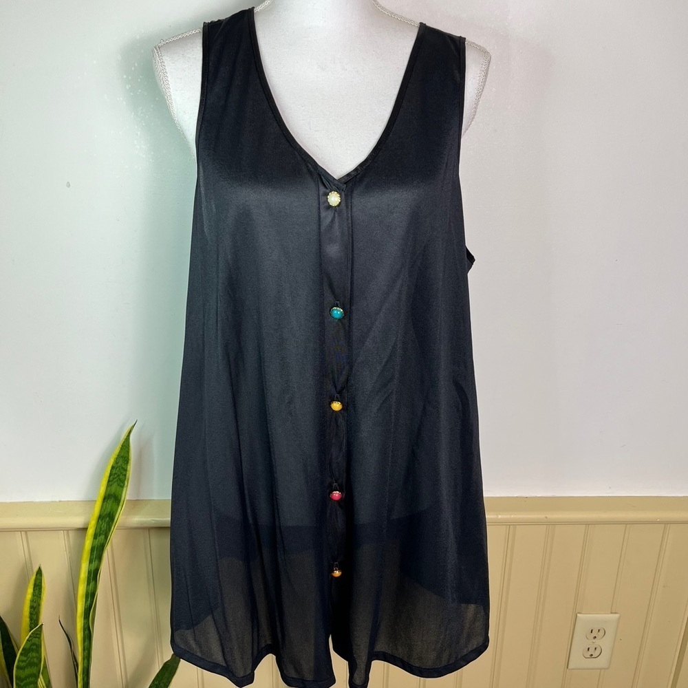 Vintage Petra Fashions 1X Black Top Rainbow Gem Buttons USA Sheer Lagenlook 90s